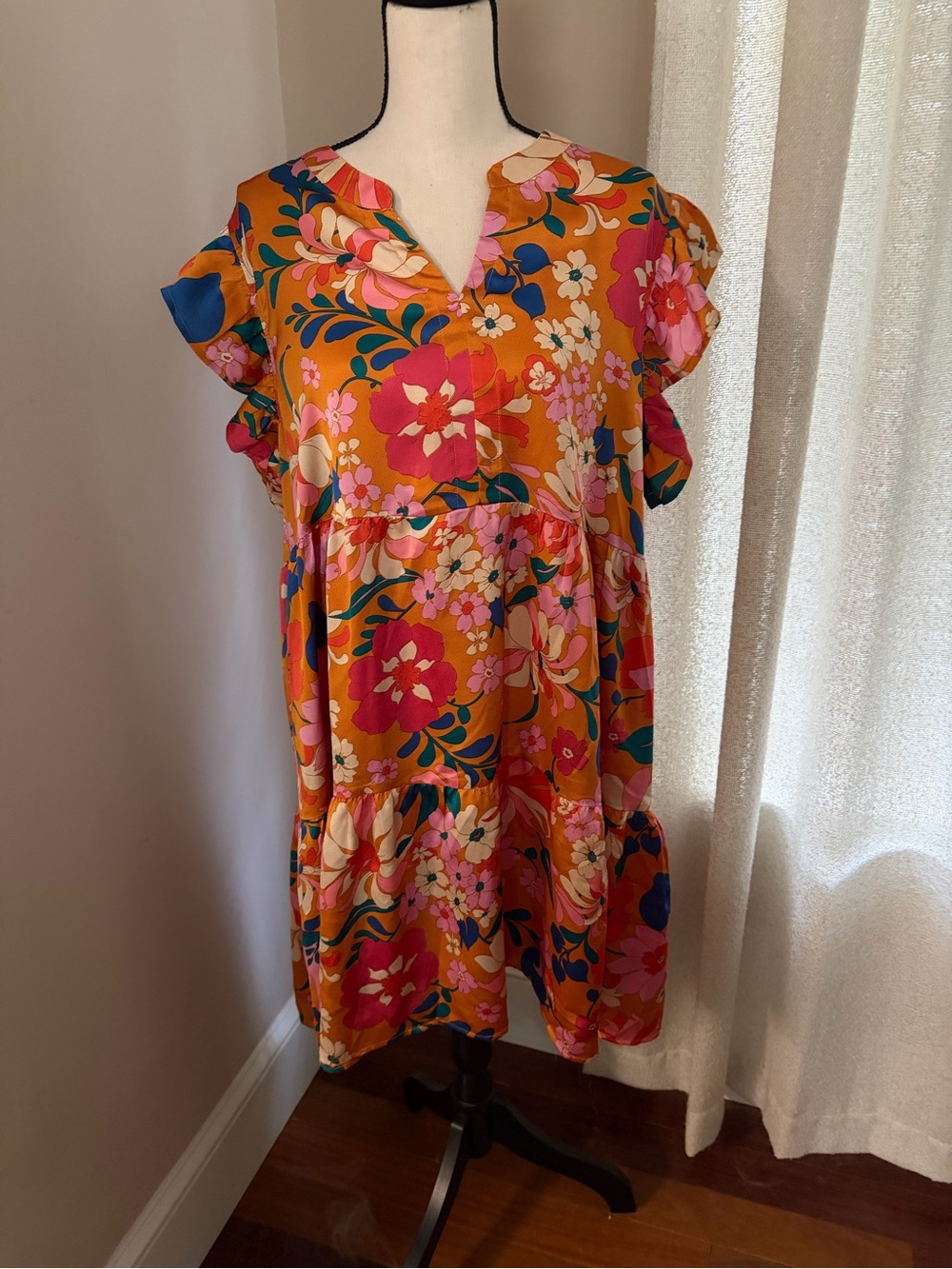 Floral Tiered Casual Dress in Orange with Pink Accents